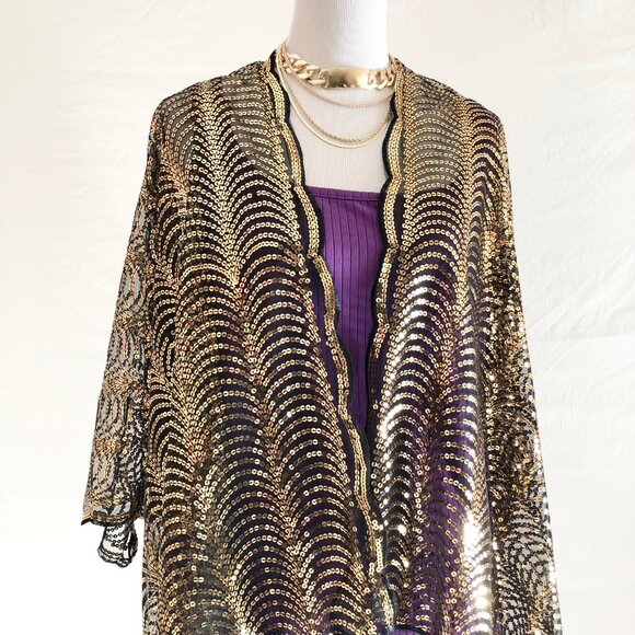 Bijorca Gold Sequin Short Kimono Scallop Wave Pattern Size OS - Picture 6 of 10